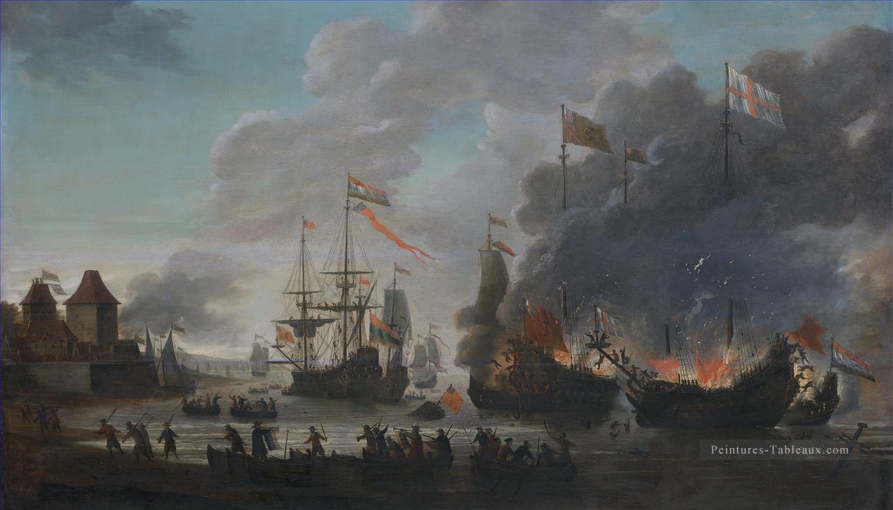 Les Hollandais brûlent des navires anglais lors de l’expédition à Chatham Raid sur Medway 1667 Jan van Leyden 1669 Batailles navale Peintures à l'huile